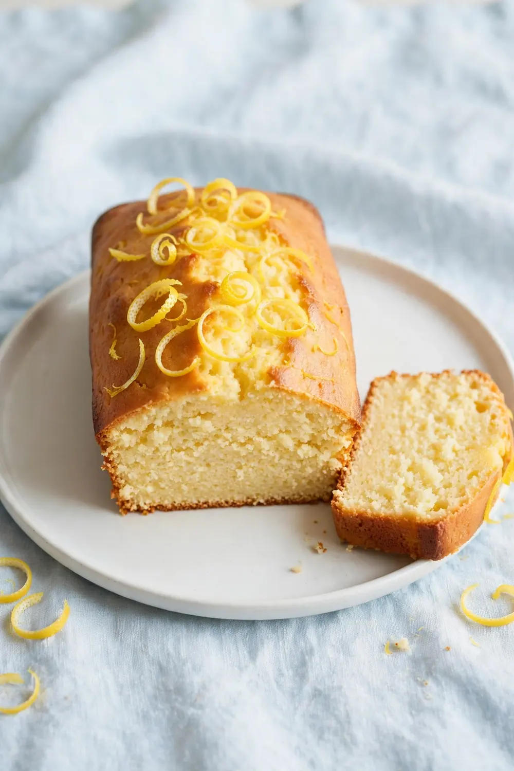 Golden lemon and ricotta loaf cake with glazed citrus top on a white plate