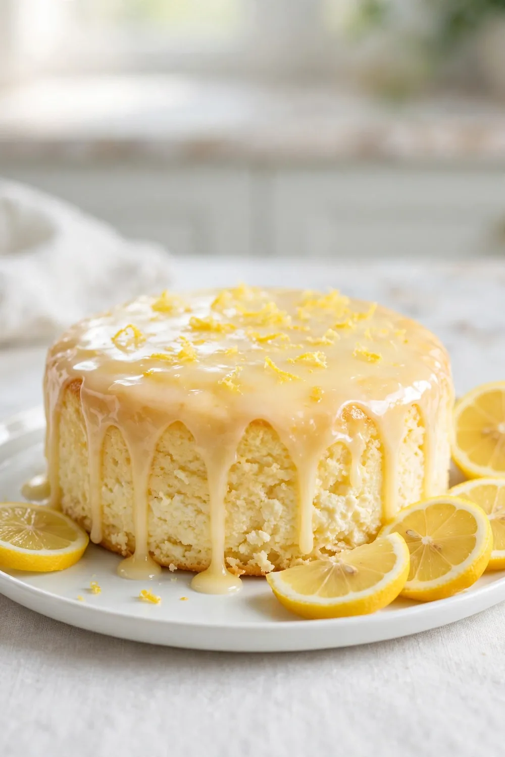 Lemon and ricotta dessert cake with glossy citrus glaze dripping down sides
