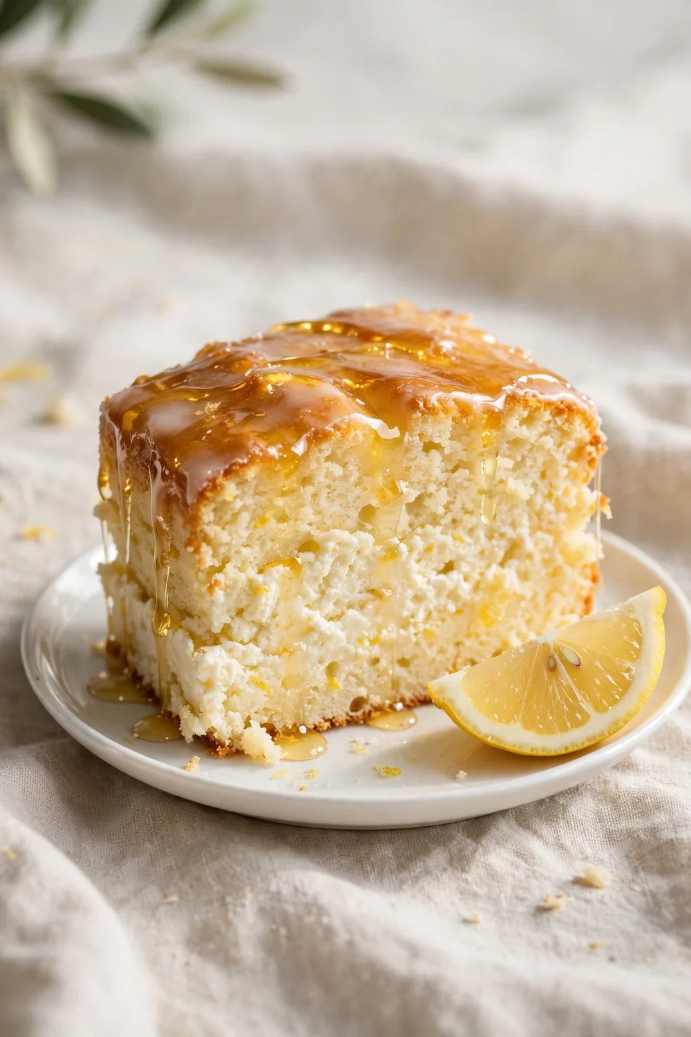 Honey glazed lemon and ricotta cake slice with golden top on plate