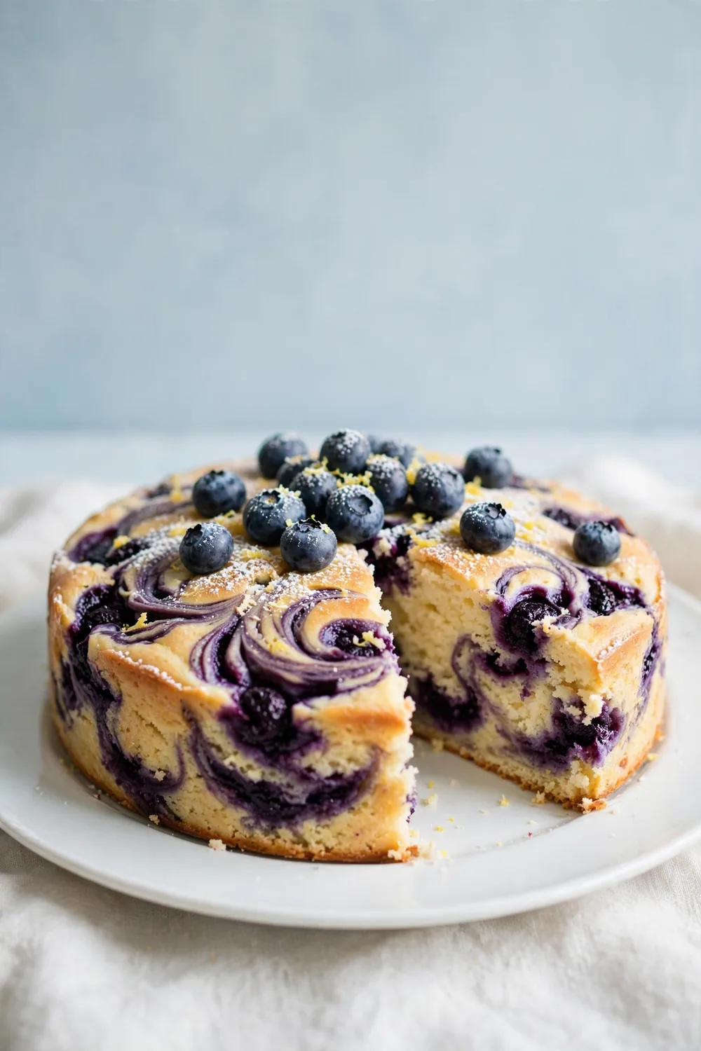 Lemon and ricotta cake with blueberry swirl ribbons and fresh berries