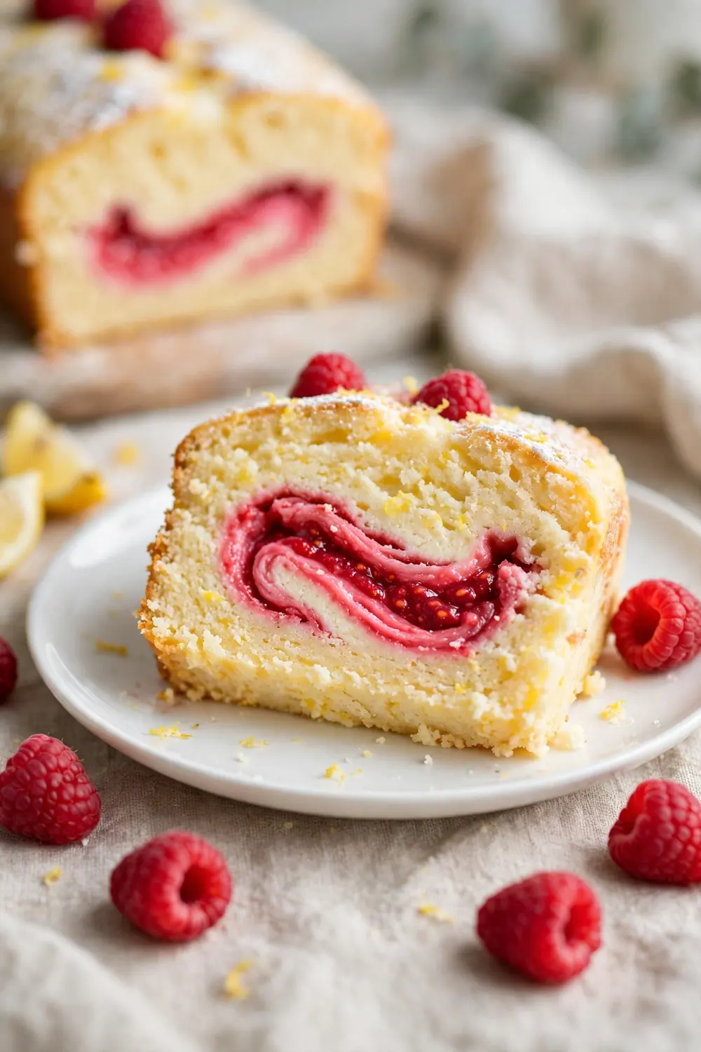 Lemon and ricotta cake with raspberry ripple center and pink ribbon