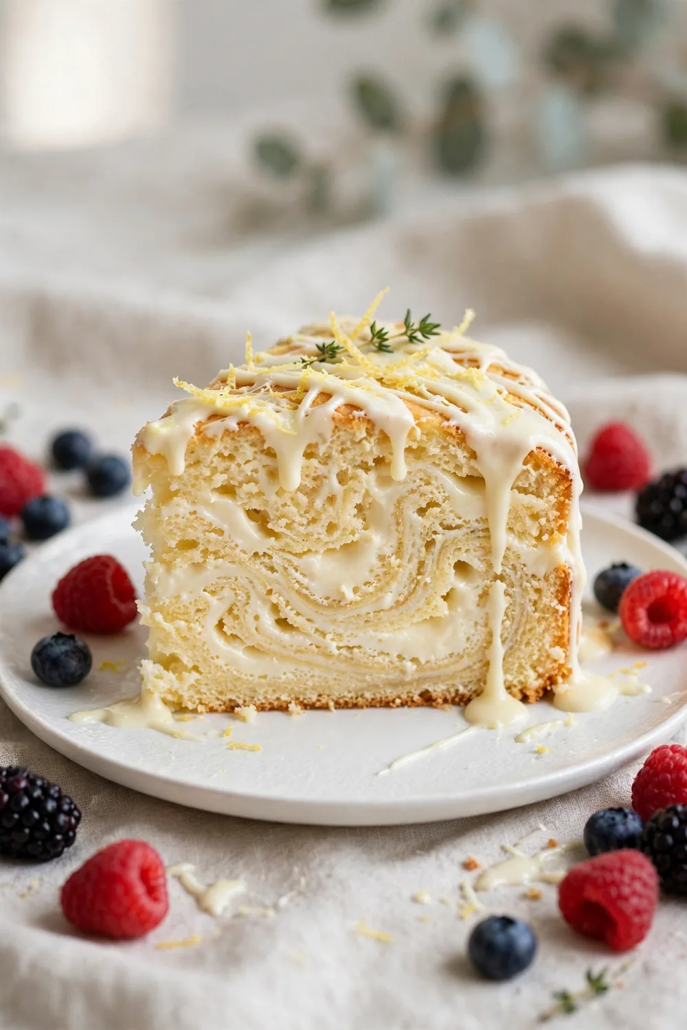Lemon and ricotta cake with white chocolate ribbons and berries