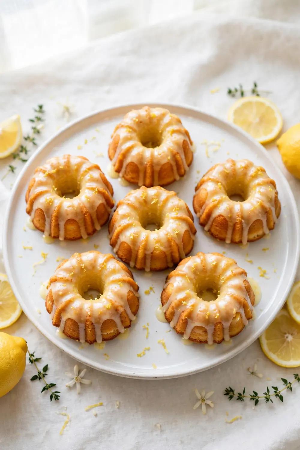 Mini bundt lemon and ricotta cakes with lemon glaze on a platter