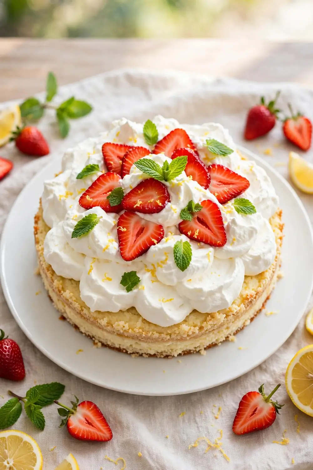 Lemon and ricotta cake with strawberry cloud topping and fresh berries