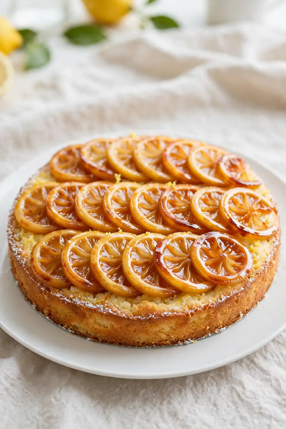 Lemon and ricotta cake topped with caramelized lemon slices