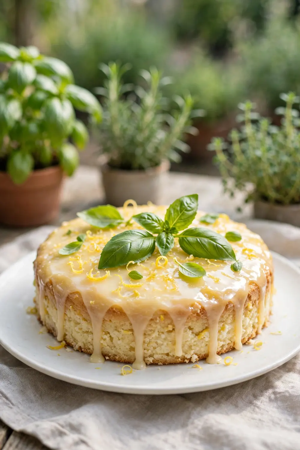 Lemon and ricotta cake with fresh basil twist and lemon glaze