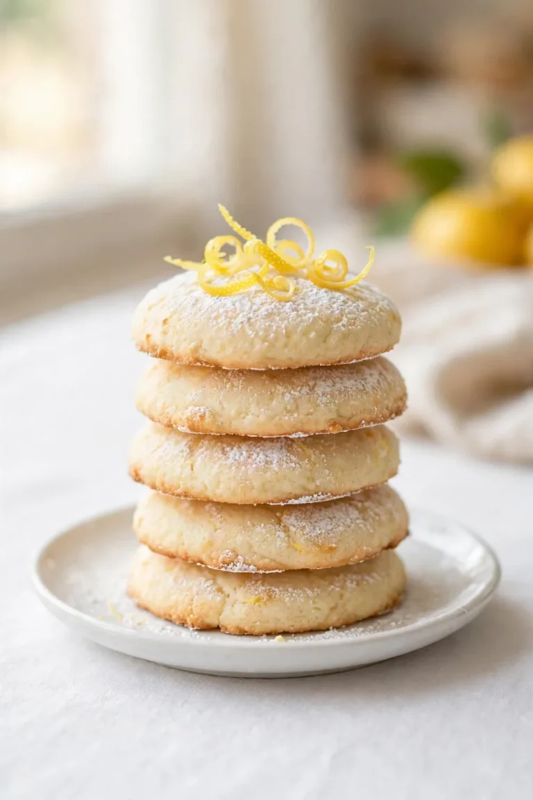 Stack of soft lemon ricotta cookie rounds with zest on a white plate