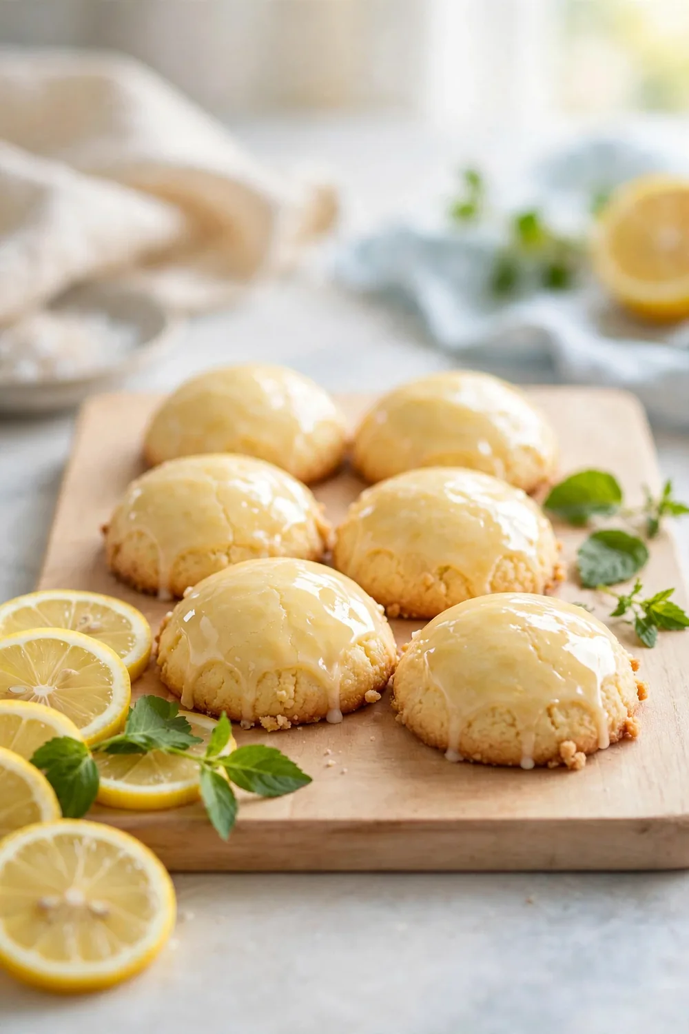 Glazed lemon ricotta cookie rounds on a wooden board with lemon slices
