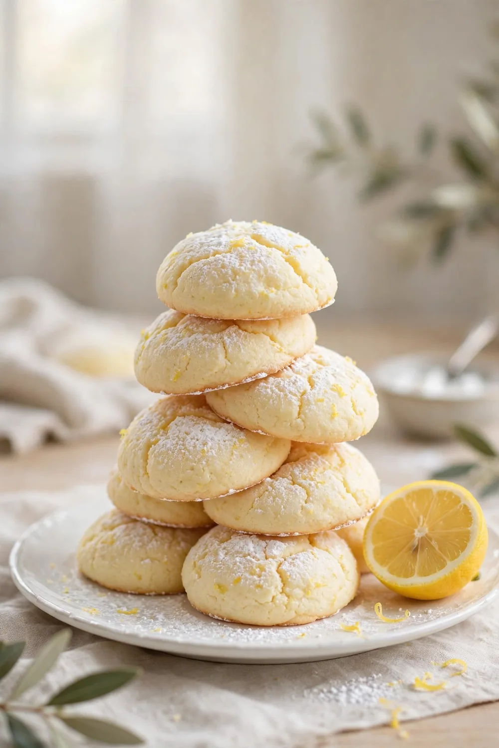 Pile of pillowy lemon ricotta cookie rounds dusted with powdered sugar