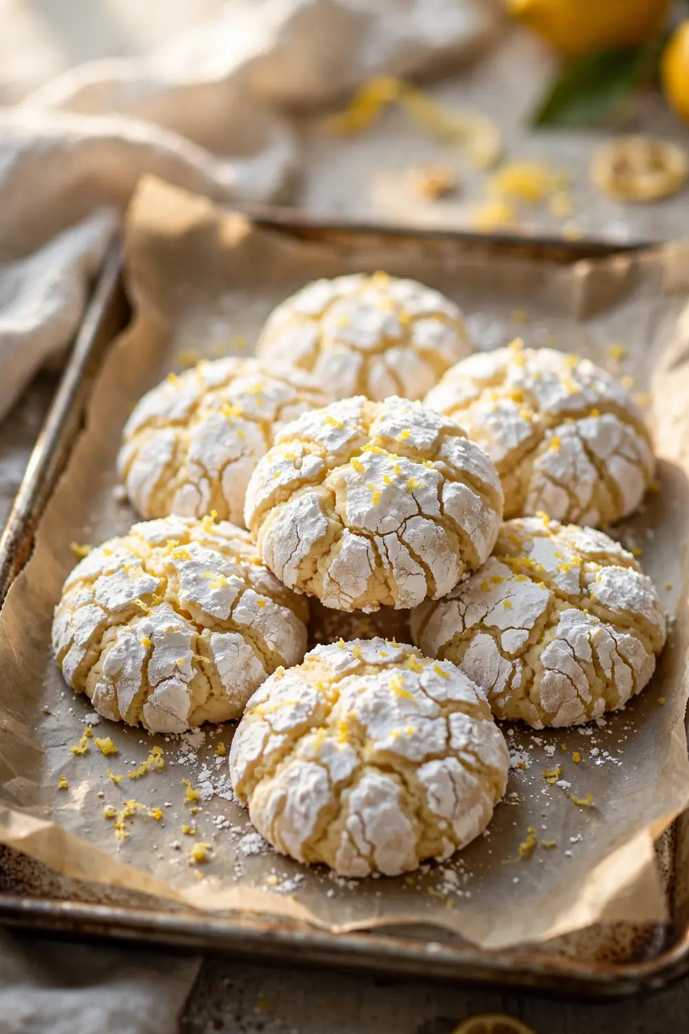 Lemon ricotta crinkle cookie rounds with cracked powdered sugar tops