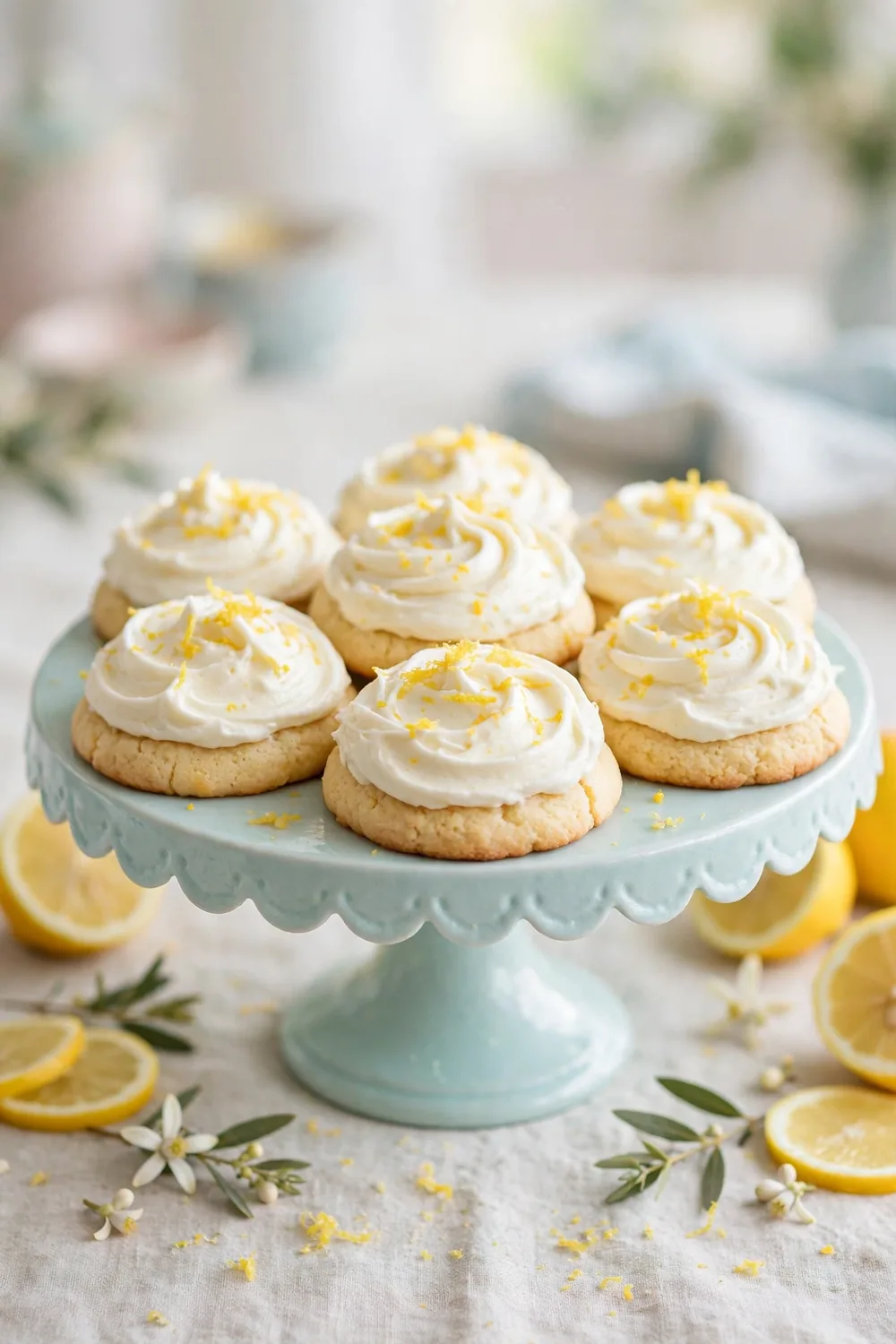 Frosted lemon ricotta cookie rounds with lemon zest on a cake stand
