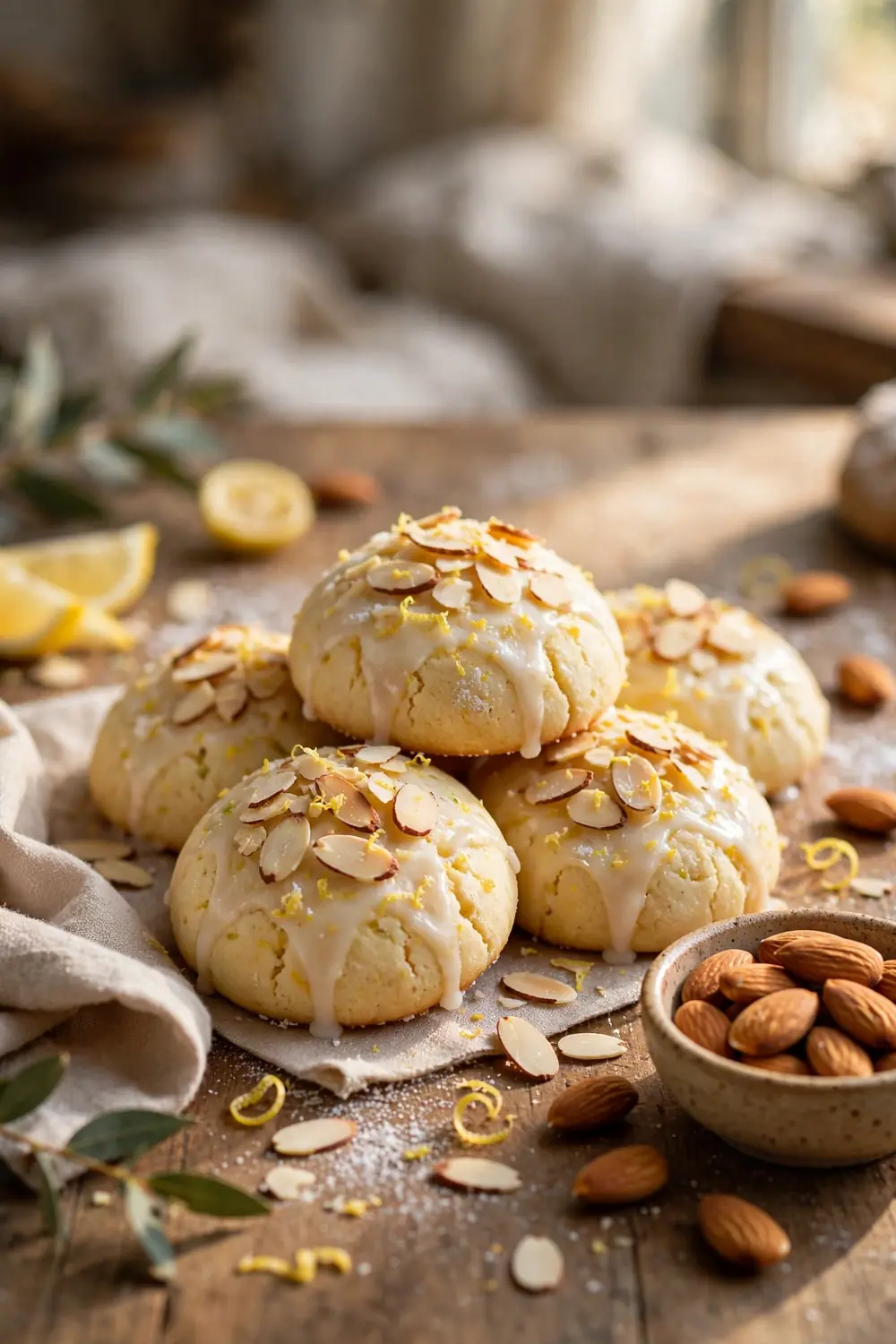 Lemon ricotta cookie rounds topped with sliced almonds and glaze