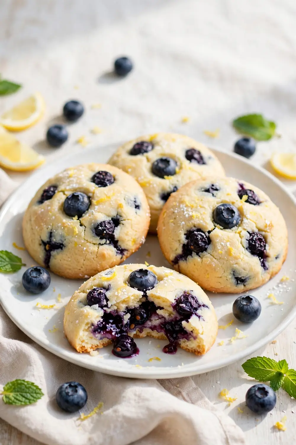 Lemon ricotta cookie rounds studded with blueberries on a white plate