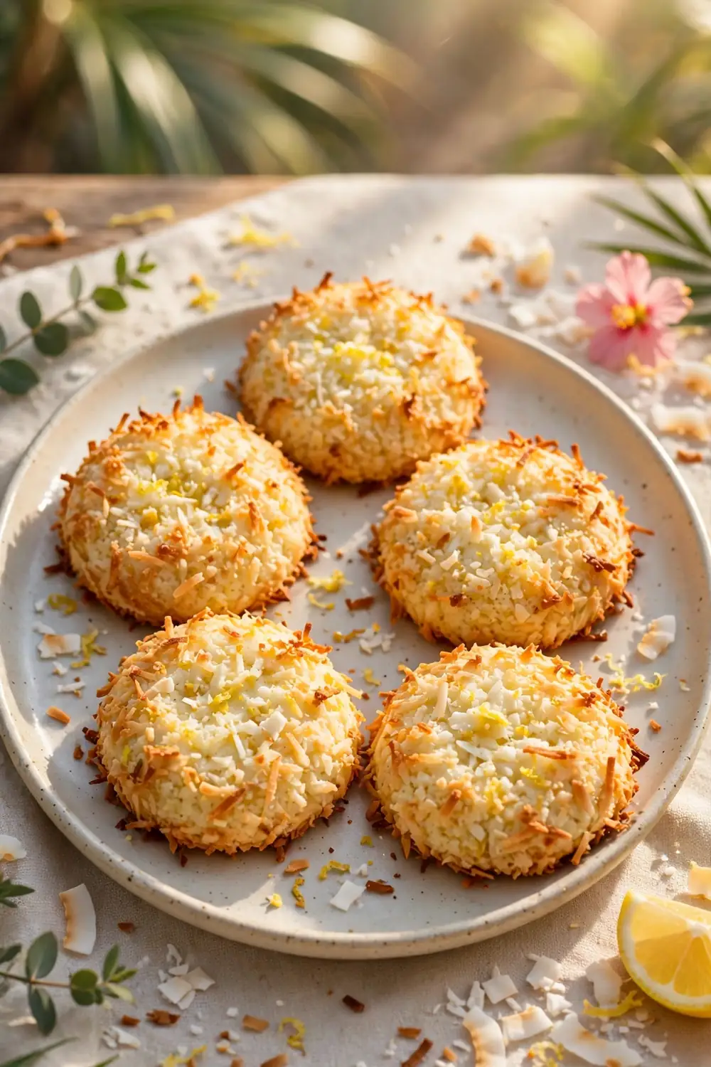 Coconut coated lemon ricotta cookie rounds on a ceramic plate