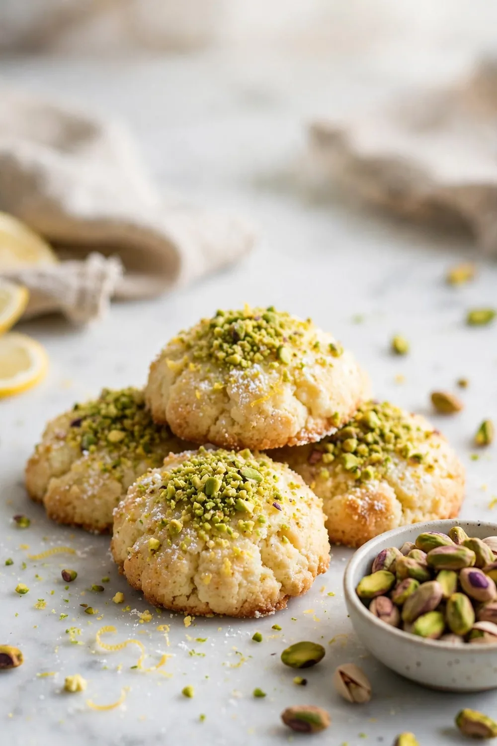 Lemon ricotta cookie rounds topped with crushed pistachios