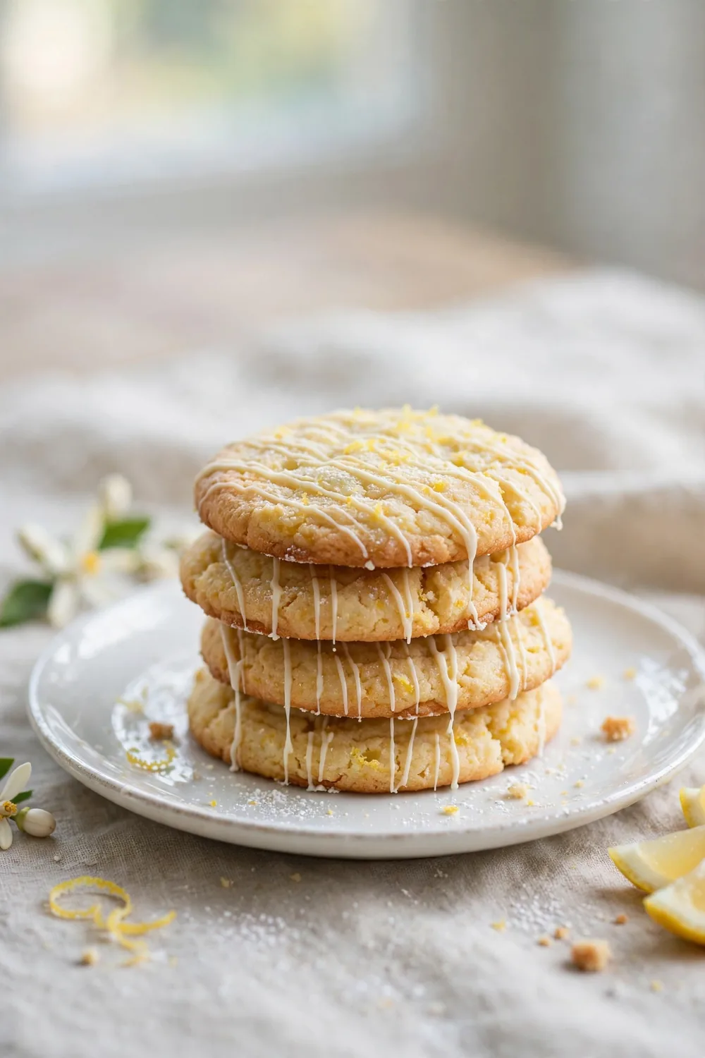 Lemon ricotta cookie rounds with white chocolate drizzle