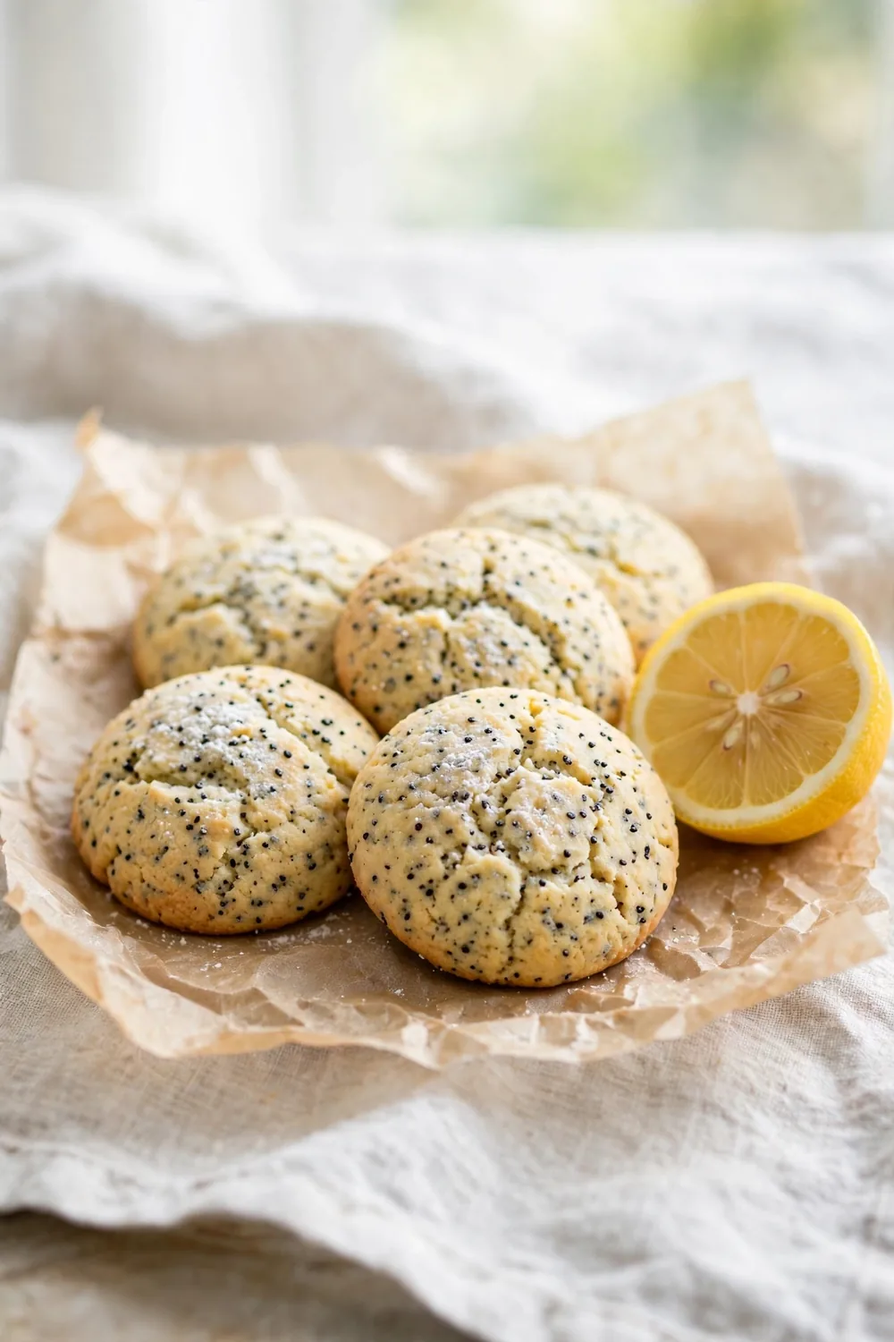 Lemon ricotta cookie rounds speckled with poppyseeds beside a lemon half