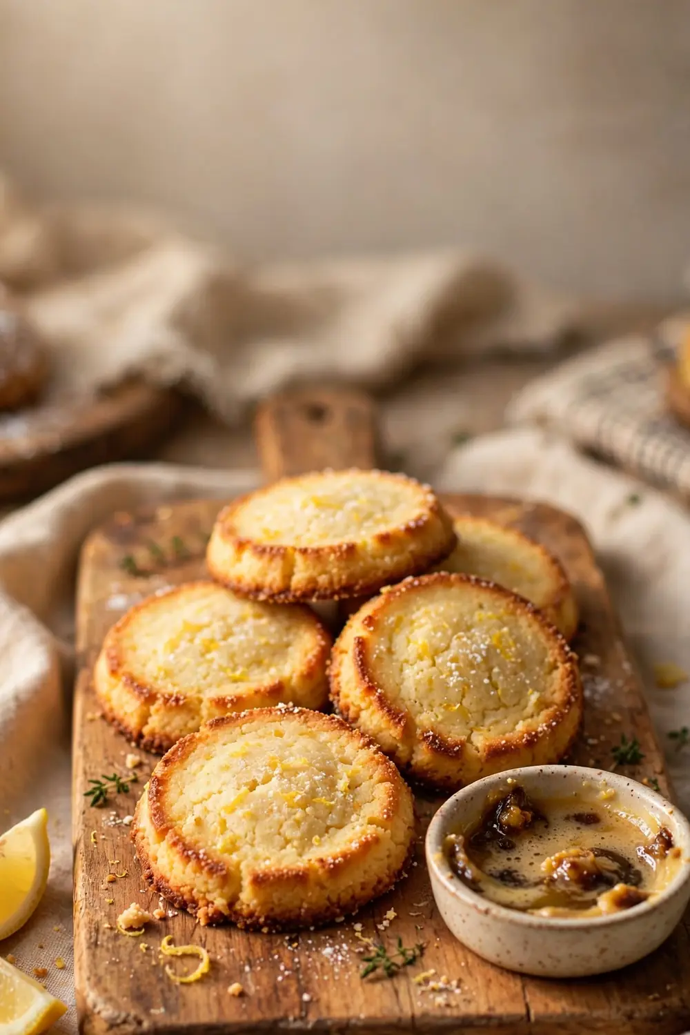 Golden brown butter lemon ricotta cookie rounds on a wooden board