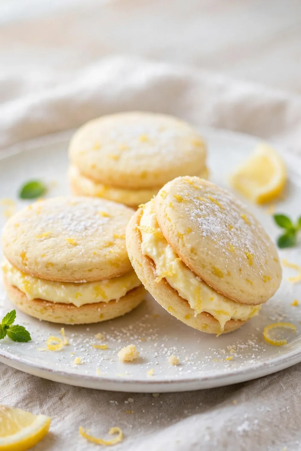 Lemon ricotta sandwich cookie rounds with creamy lemon filling