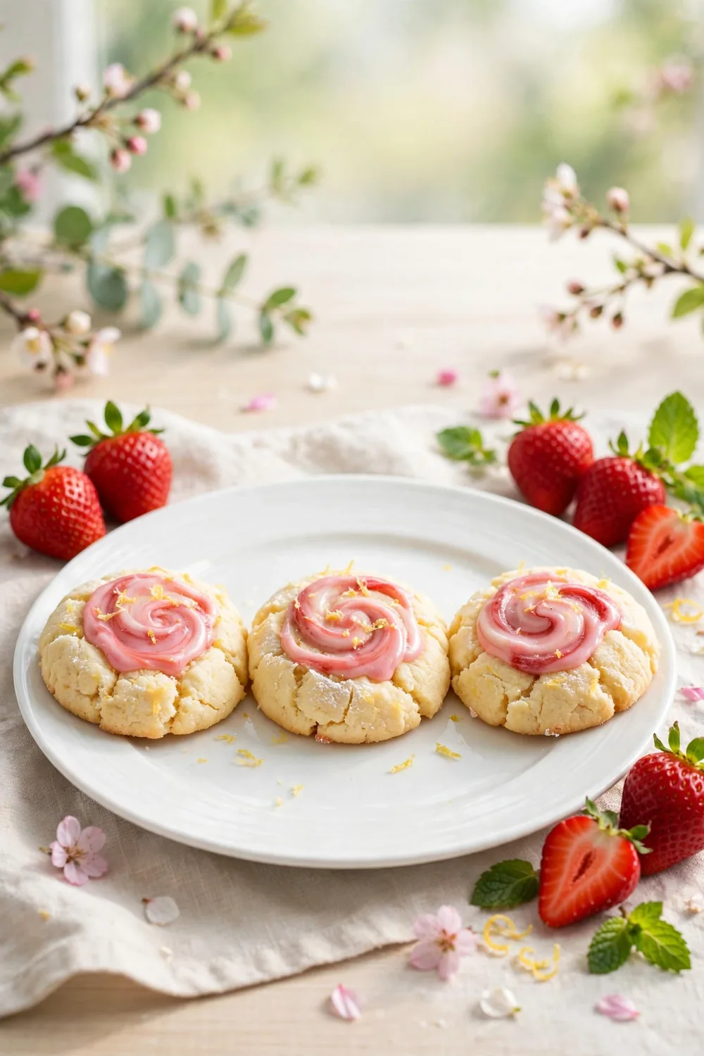 Lemon ricotta cookie rounds with pink strawberry swirls