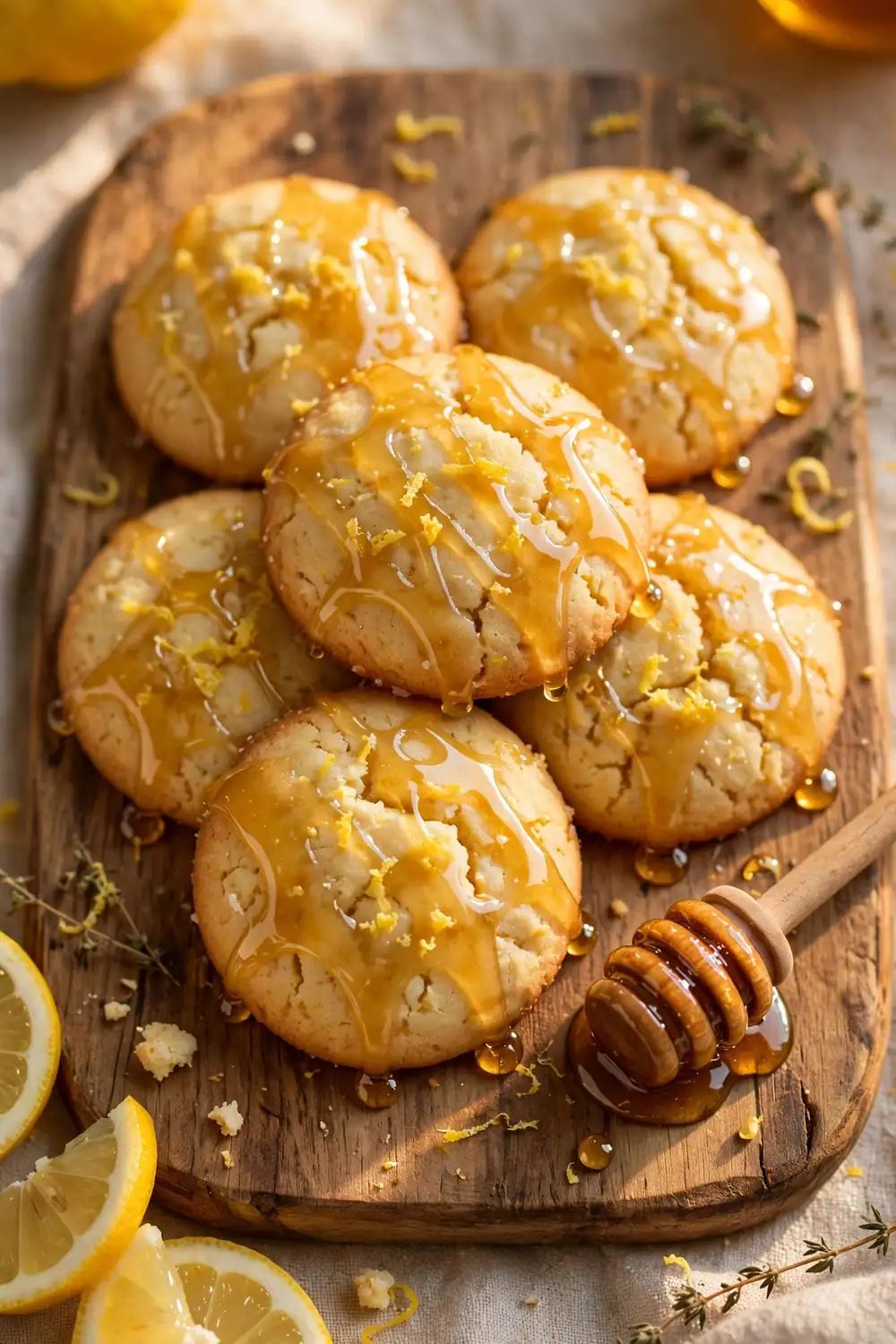 Lemon ricotta cookie rounds with honey glaze drizzle