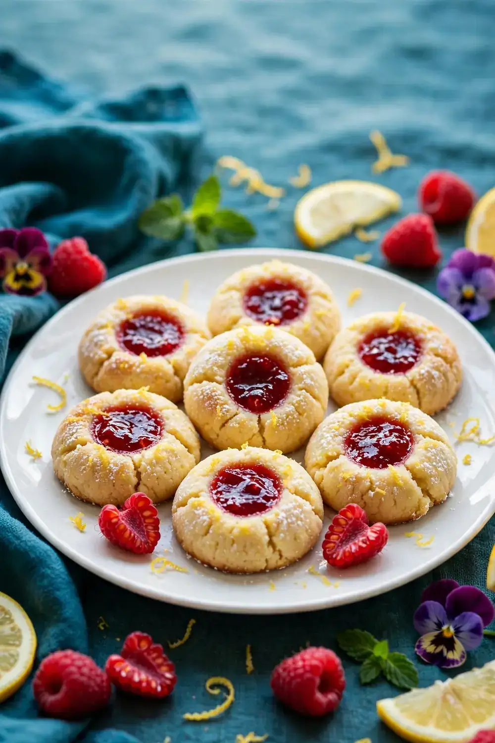 Lemon ricotta thumbprint cookie rounds with raspberry jam centers