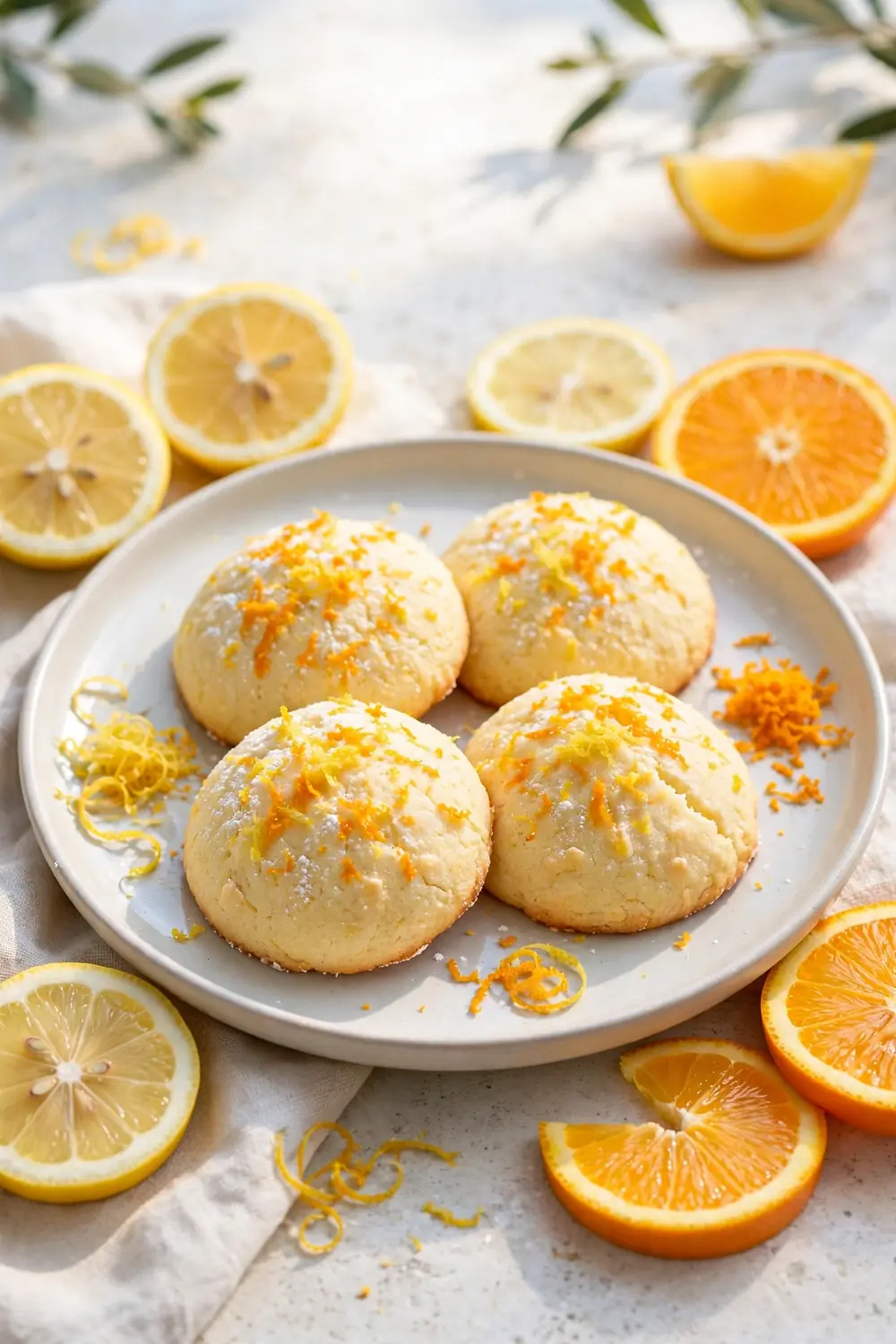 Lemon ricotta cookie rounds topped with orange and lemon zest
