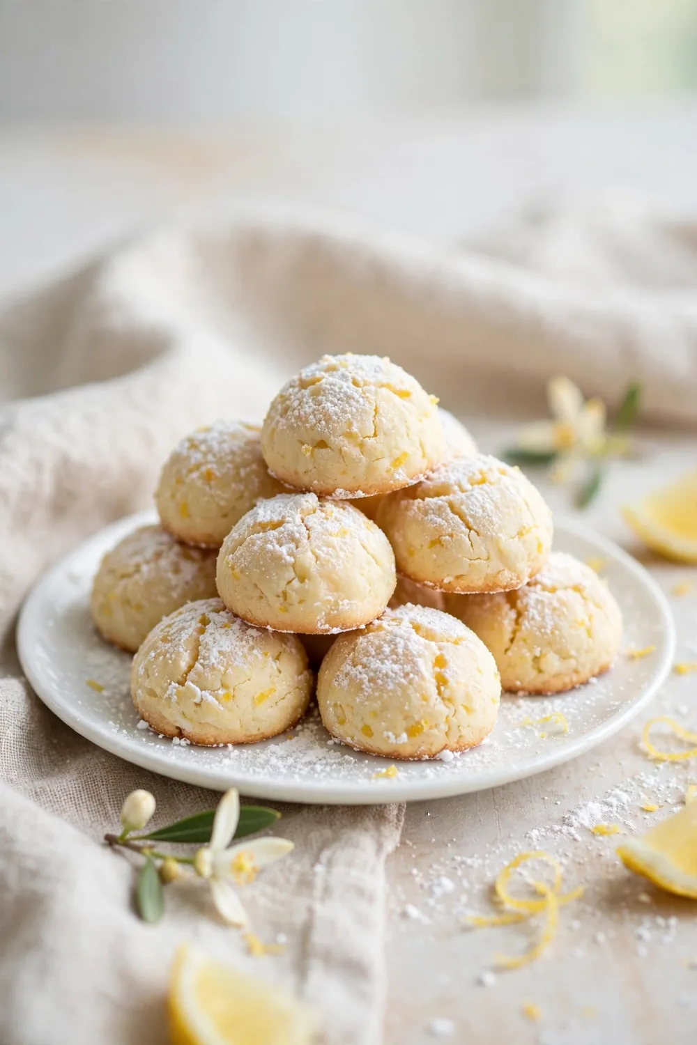 Mini bite-size lemon ricotta cookie rounds piled on a white plate