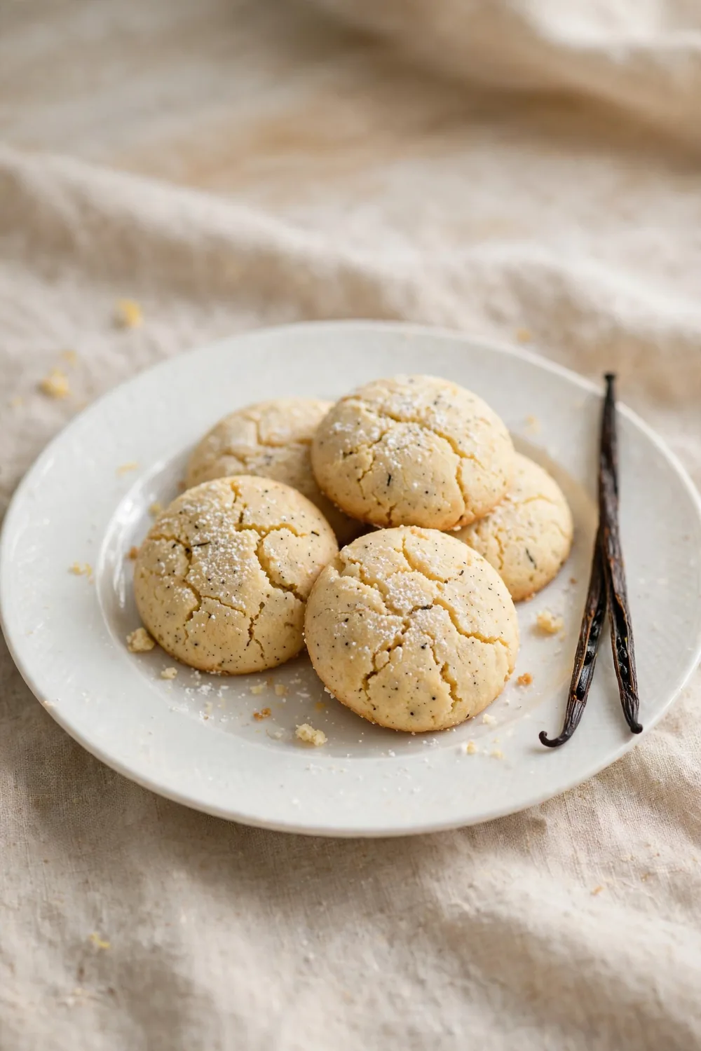 Lemon ricotta cookie rounds with vanilla bean flecks beside vanilla pods