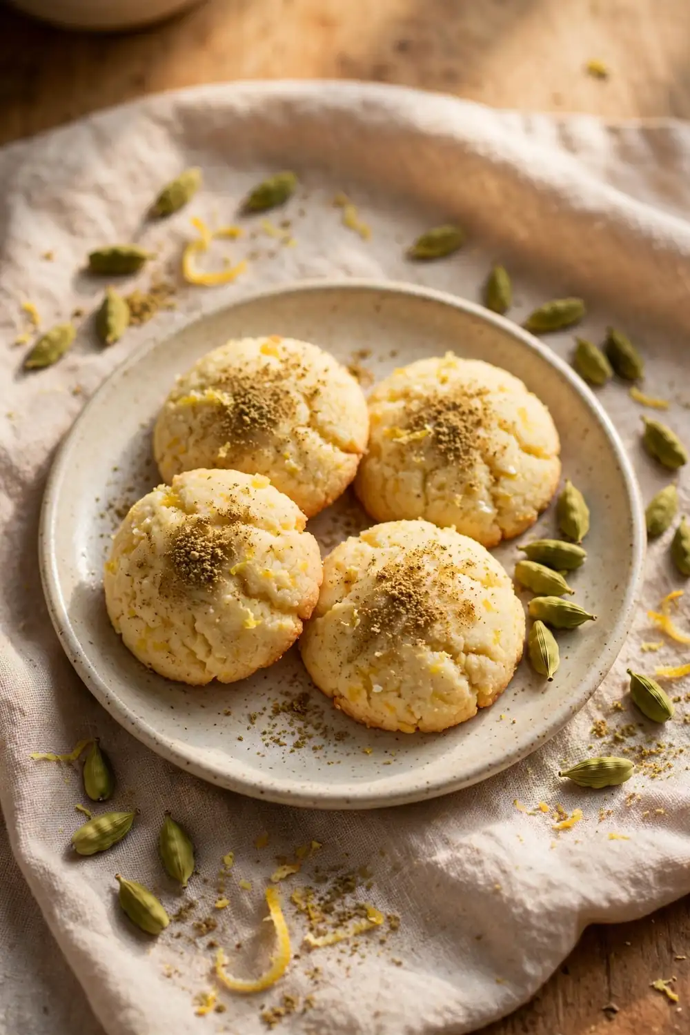 Lemon ricotta cookie rounds dusted with ground cardamom