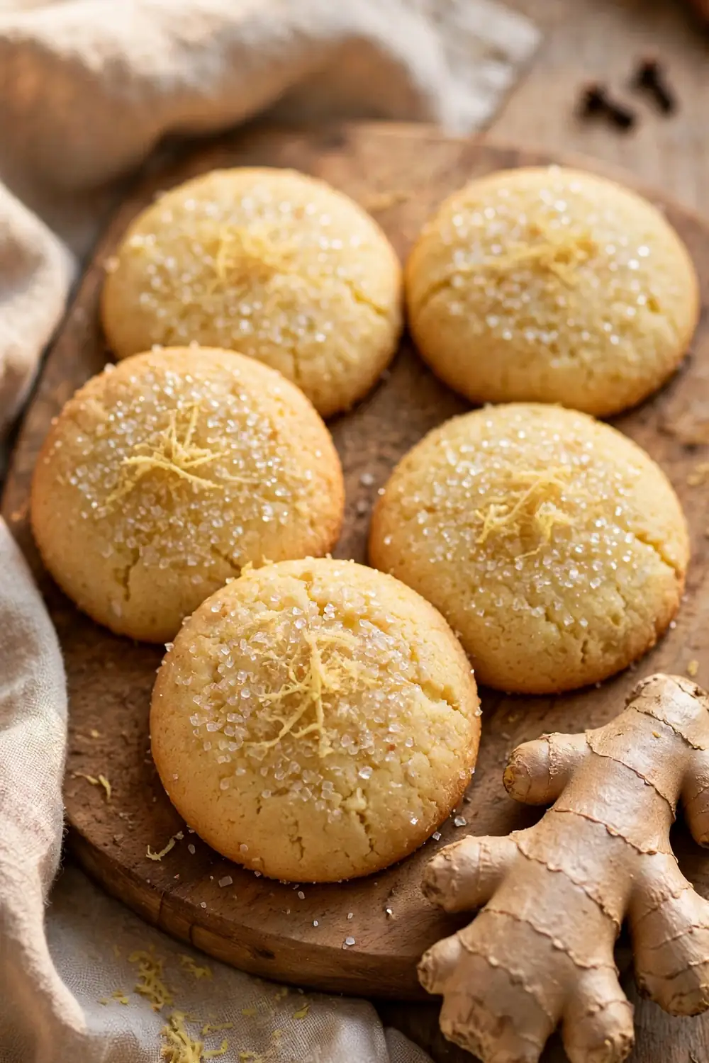 Lemon ricotta cookie rounds with grated ginger and sparkling sugar