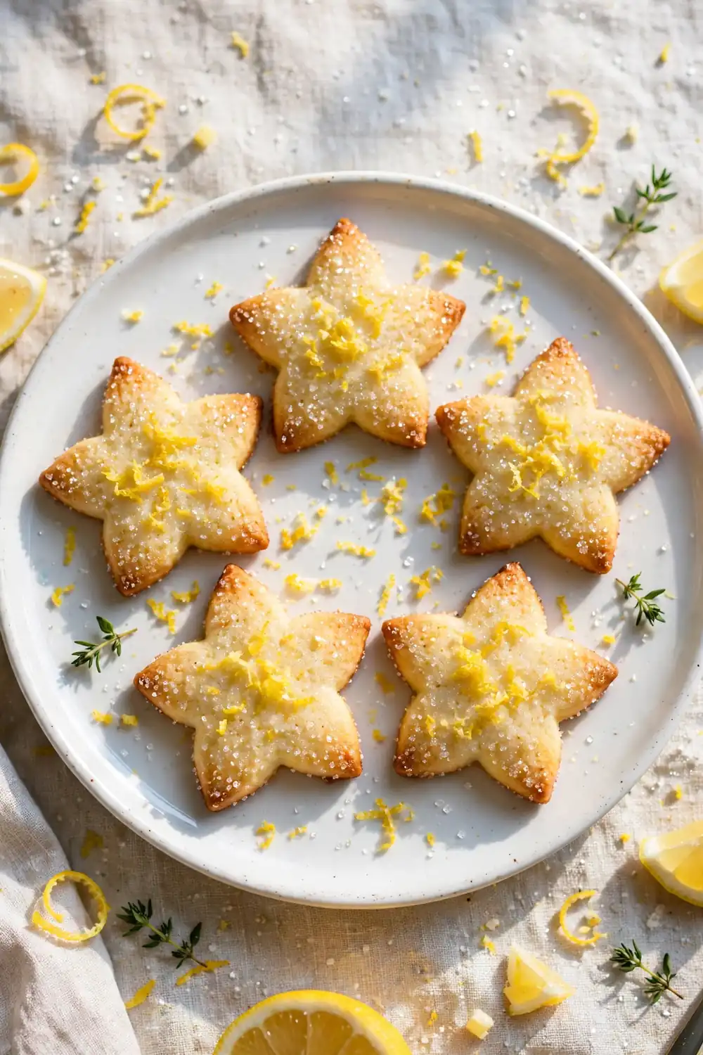 Star-shaped lemon ricotta cookie rounds with sparkling sugar and zest
