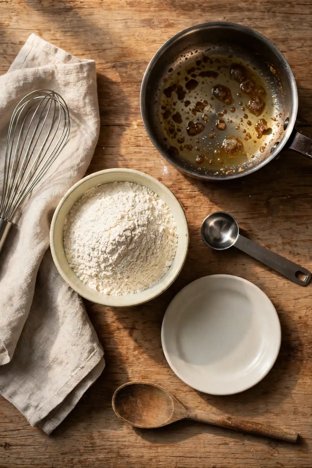 Flour in a small bowl beside drippings