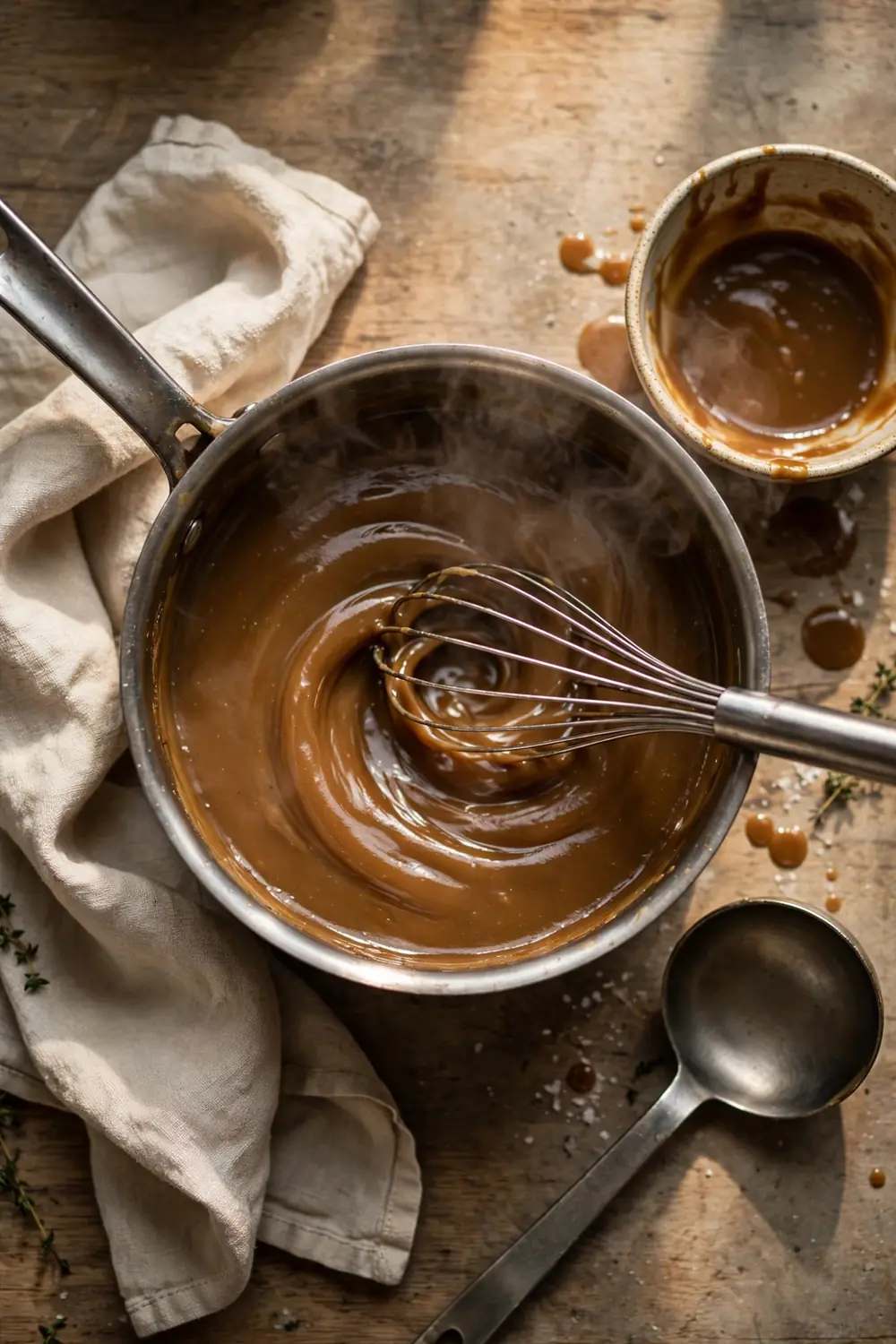 A whisk stirring gravy in a saucepan