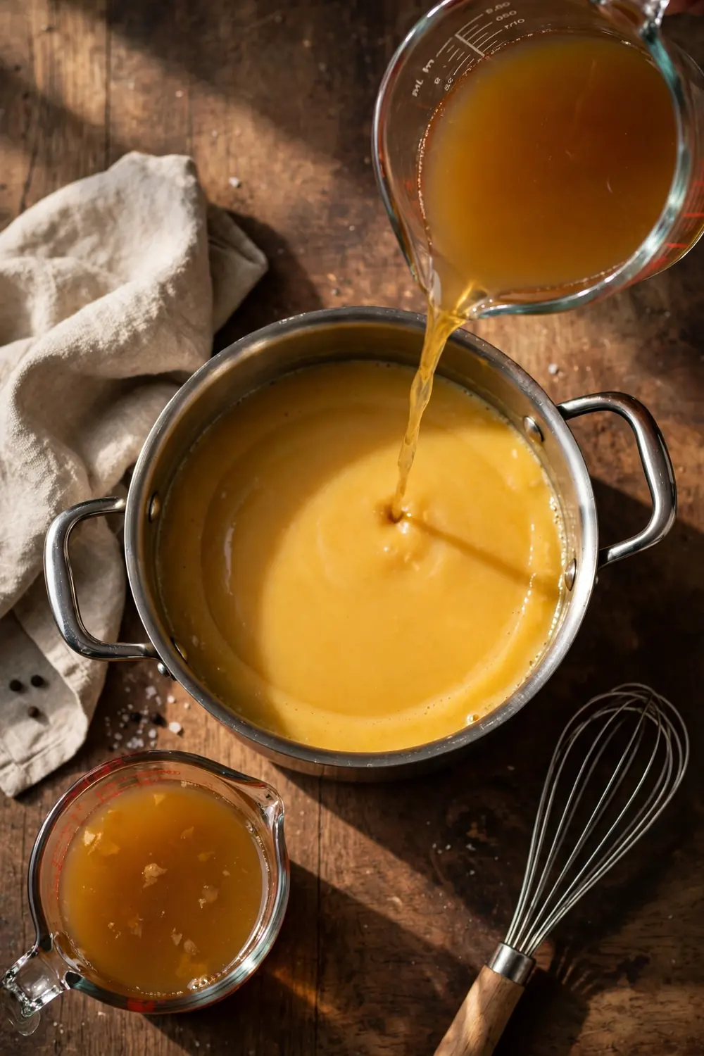 Warm broth poured slowly into roux