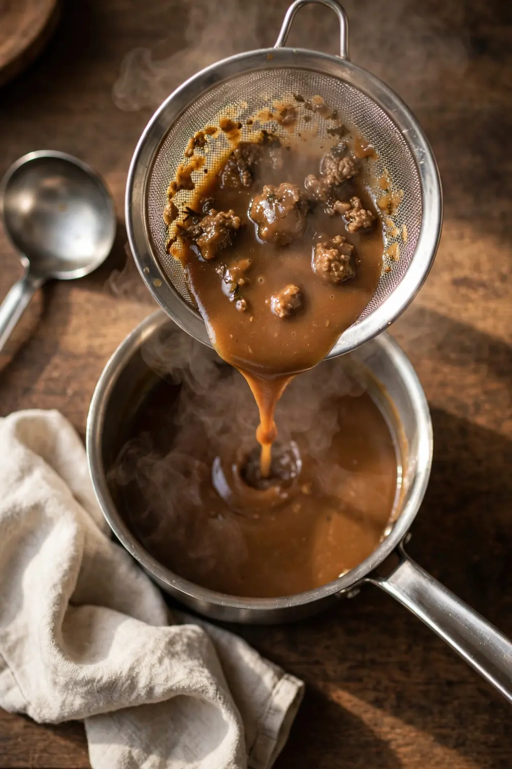 Gravy poured through a fine mesh strainer