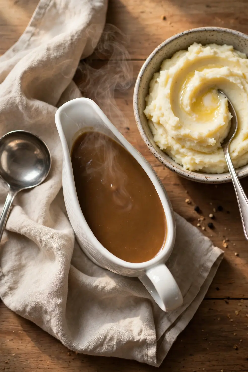 Smooth gravy in a gravy boat beside potatoes