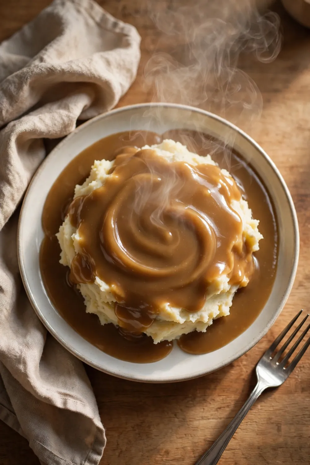 Perfect smooth gravy poured over mashed potatoes