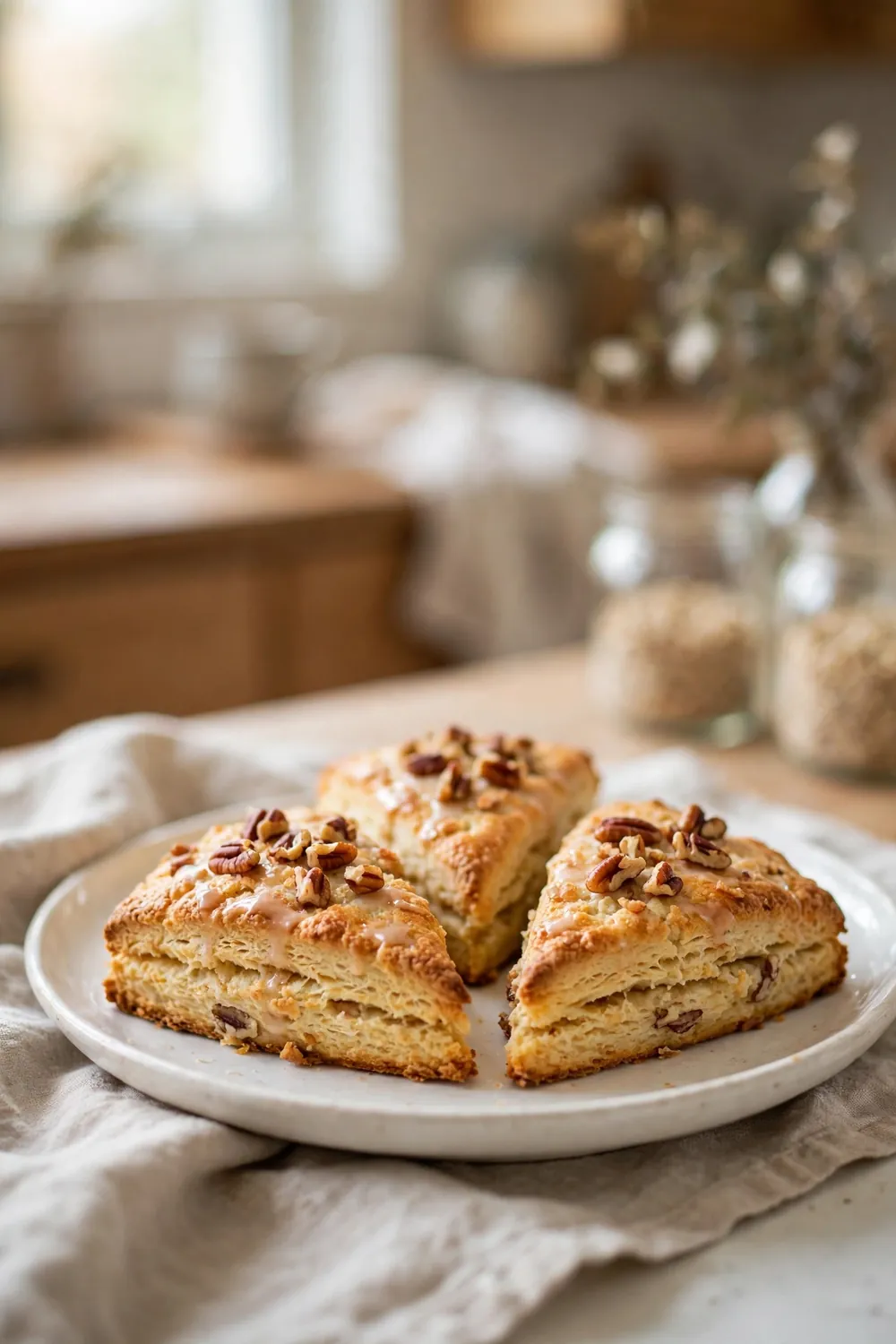 Maple pecan scone wedges with toasted pecans on a white plate