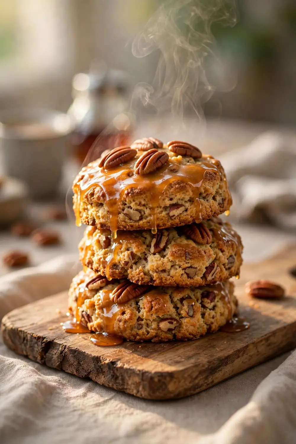 Maple pecan scone stack with glossy maple glaze and pecans