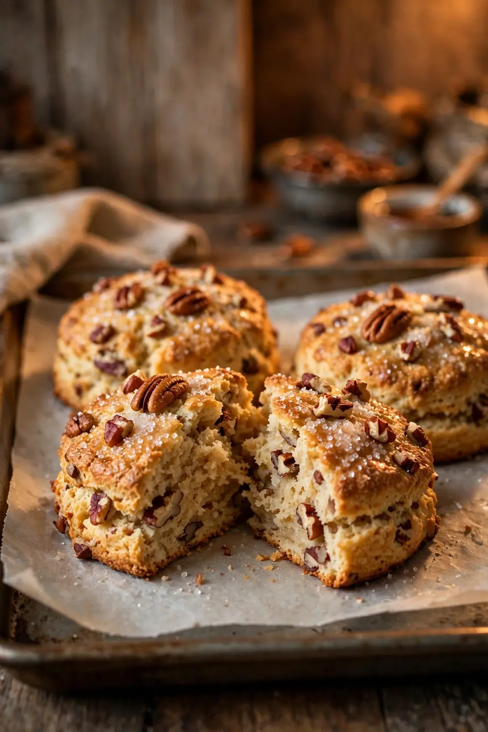 Maple pecan scone with toasted pecans and sugar on a baking tray