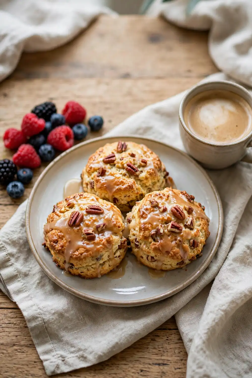 Maple pecan scone plate on a brunch table with coffee and berries