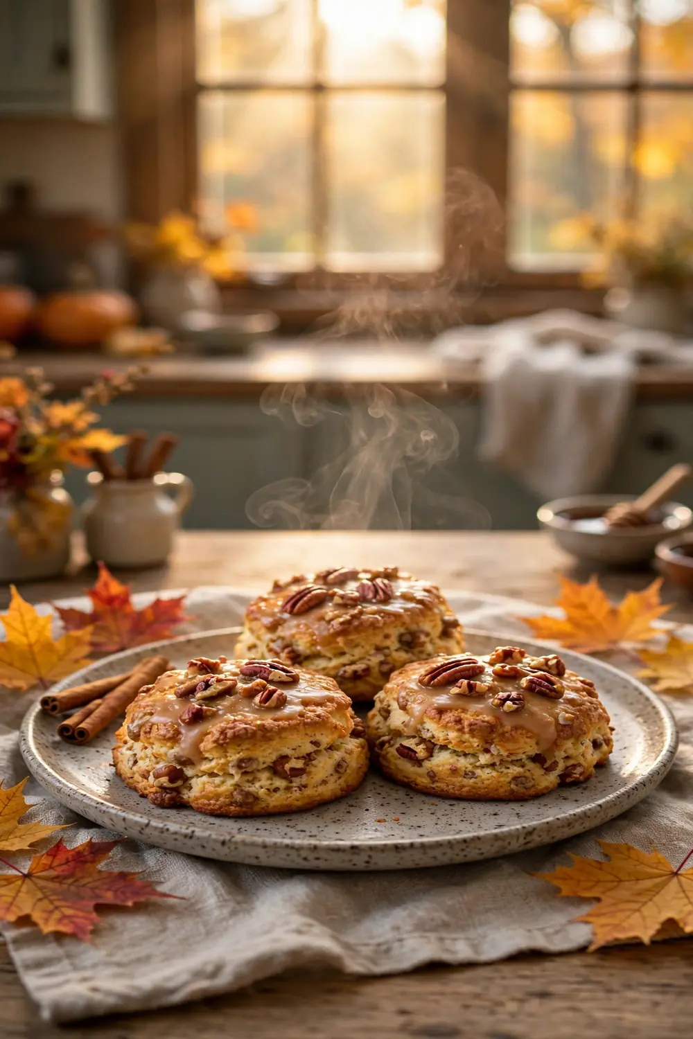 Maple pecan scone plate with cinnamon sticks and maple leaves