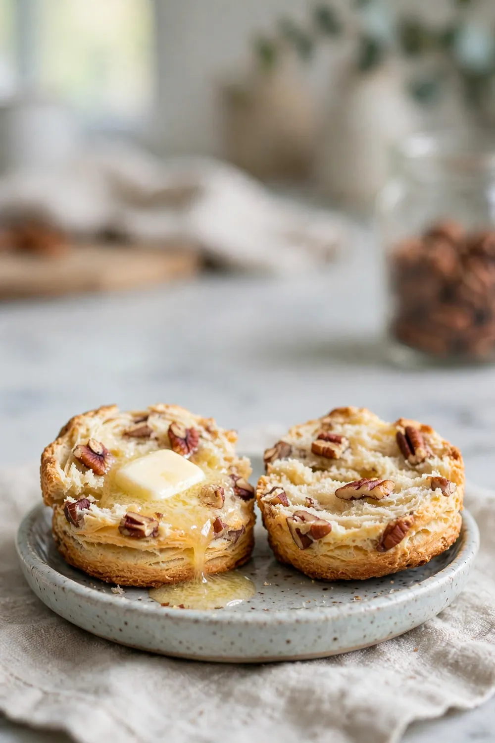 Maple pecan scone split open showing flaky layers with butter
