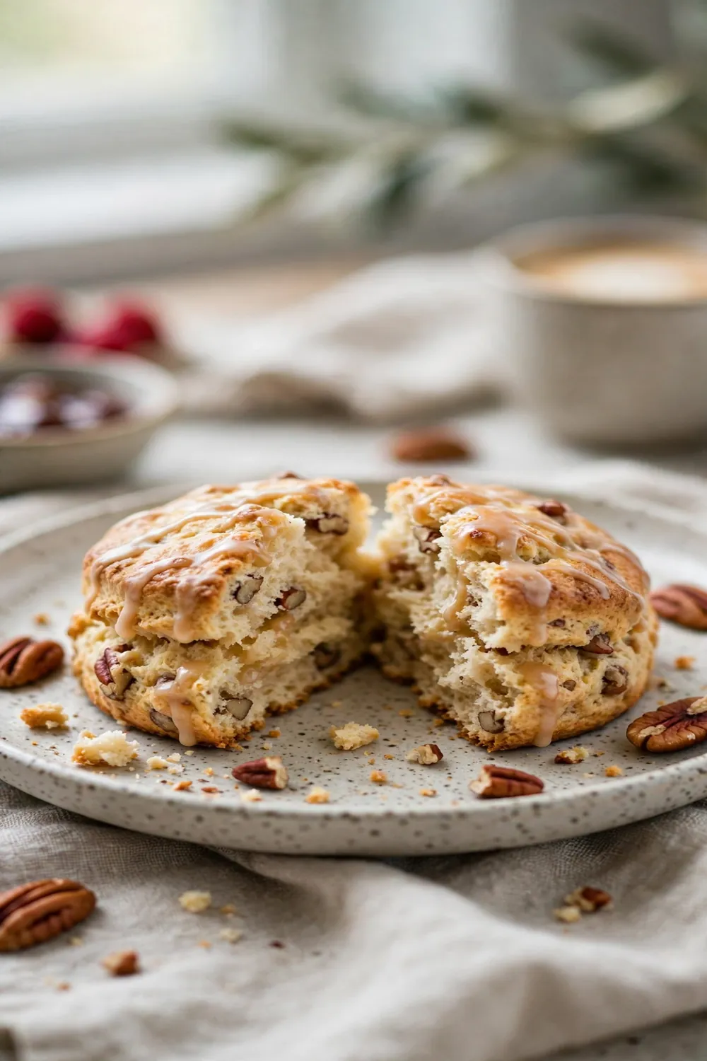 Maple pecan scone broken open showing tender buttermilk crumb