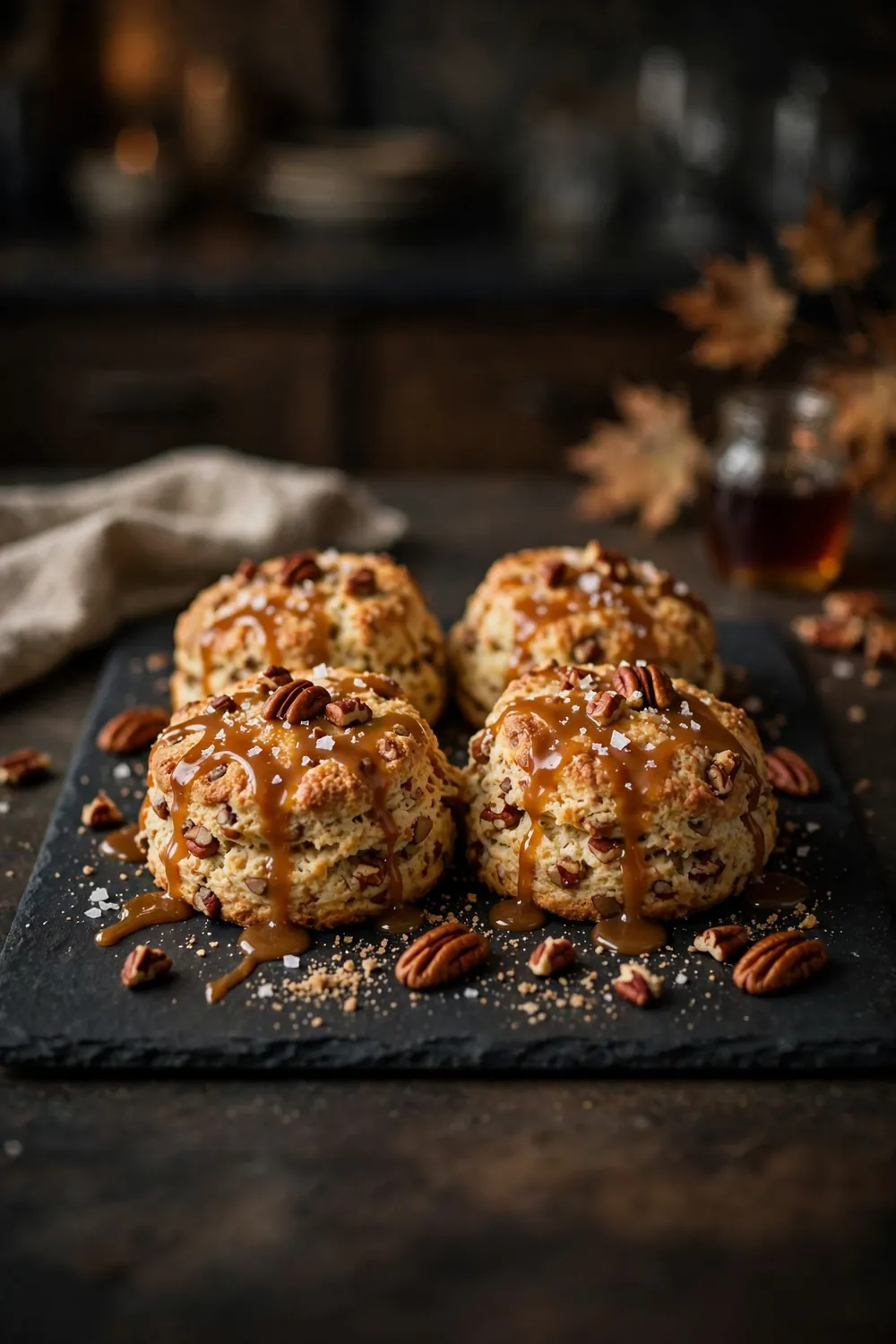 Maple pecan scone with salted caramel drizzle and sea salt