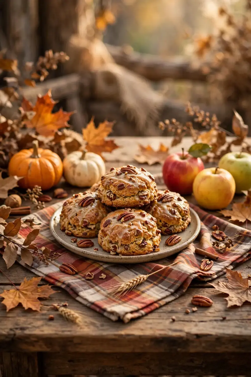 Maple pecan scone plate on a harvest table with pumpkins and apples