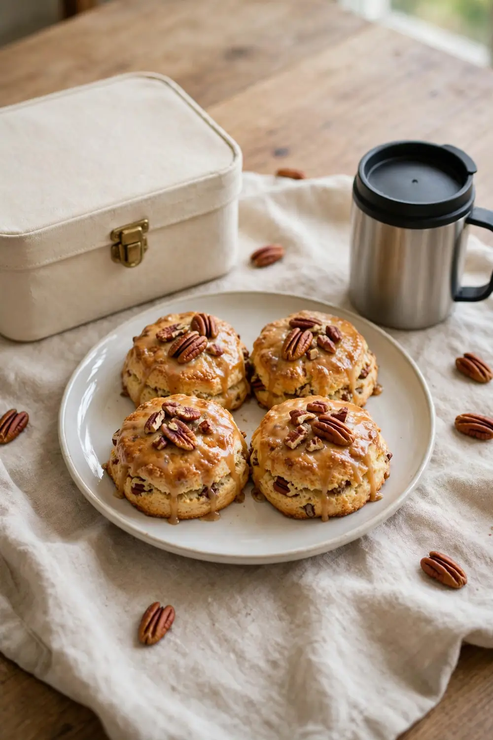 Maple pecan scone plate beside a lunchbox and travel mug