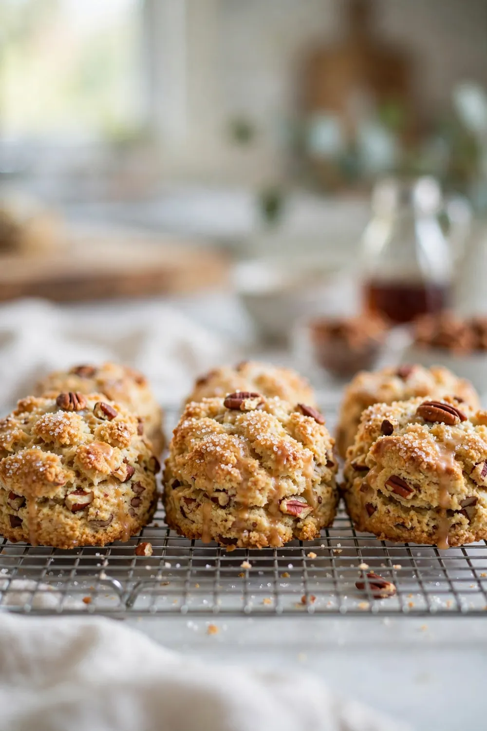 Maple pecan scone with crumbly sugared top on a cooling rack