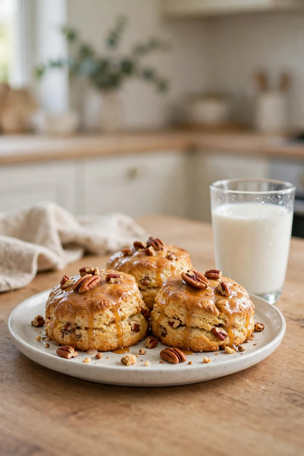 Maple pecan scone plate with a glass of milk in a family kitchen